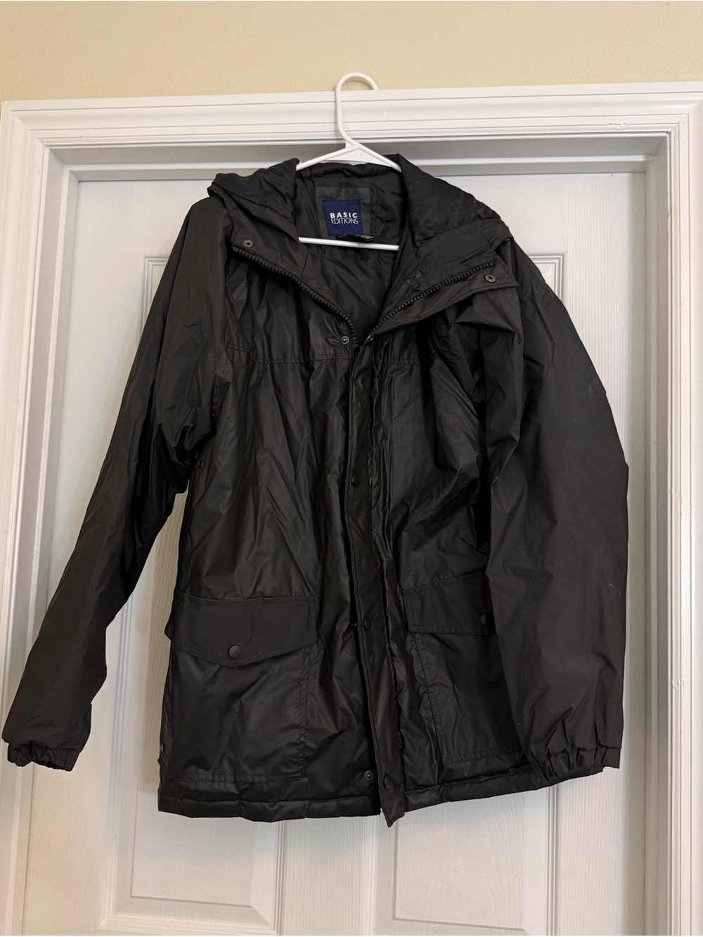 Basic Editions Black Hooded Raincoat with Flap Pockets